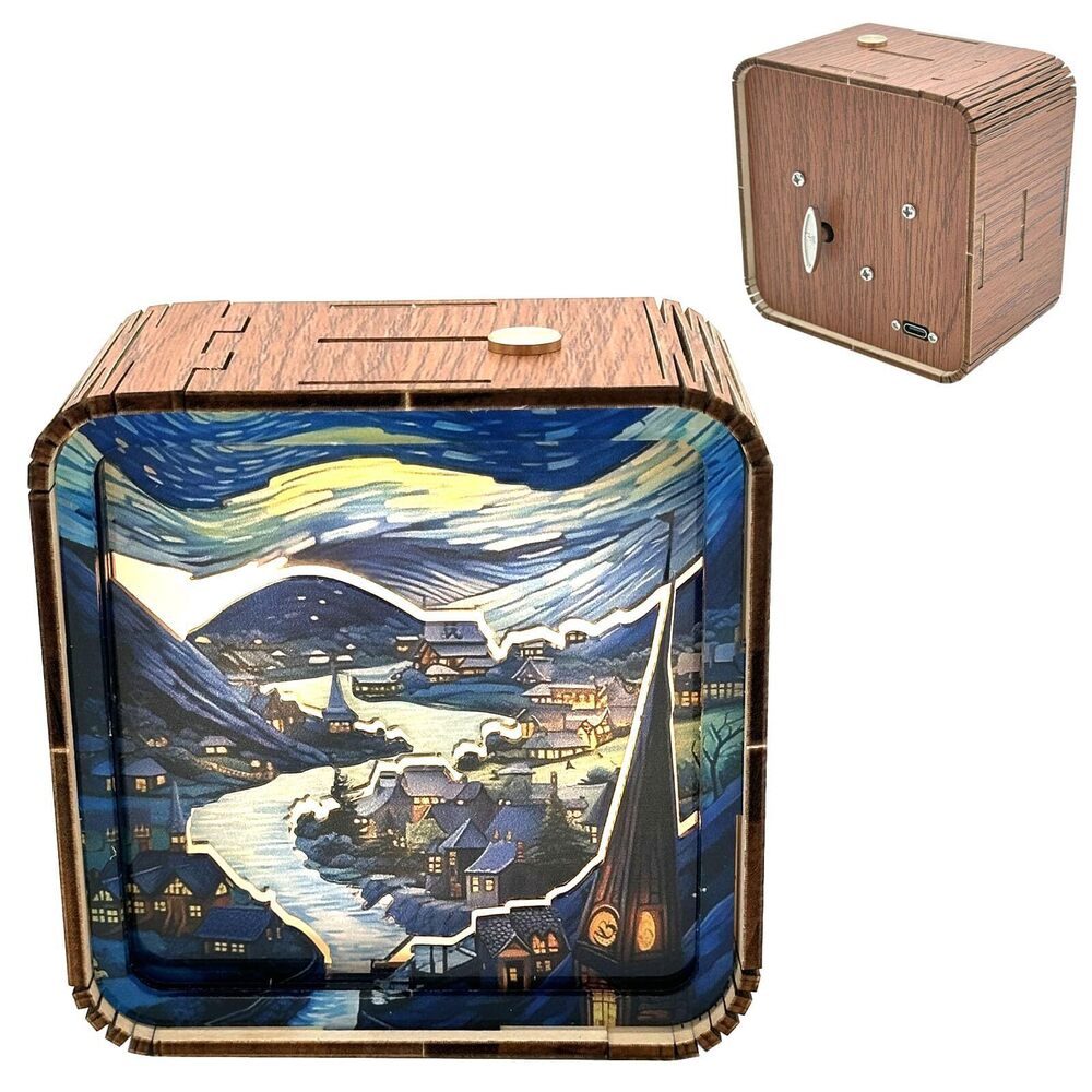 5739 3D Wooden Handmade Touch LED Night Light Wind Up Music Box